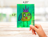 Quirky Bird Greeting Cards-Blank Inside with Envelopes-5.5"x4.25"-12 or 24 Packs