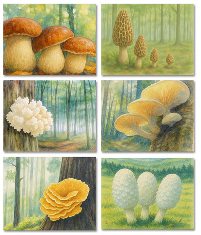 Wild Mushroom Foraging Note Cards 12 or 24 Count-Blank Inside with Envelopes-A2 Size 5.5" x 4.25" - Watercolor Forest Fungi Art Designs
