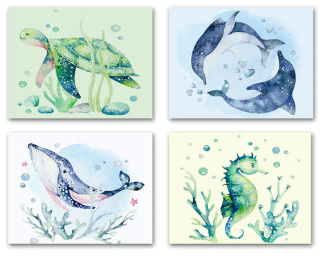 Small World Greetings Ocean Life Cards 12 or 24 Count - Blank Inside with Envelopes - Dolphins, Sea Horse, Sea Turtle and Whale - A2 Size (5.5”x4.25”)