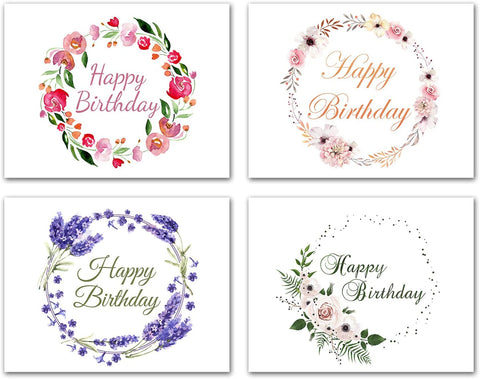 Small World Greetings Floral Wreath Happy Birthday Cards 12 or 24 Count - Blank Inside with White Envelopes - A2 Size 5.5" x 4.25" - Friends, Family, Colleagues, and More